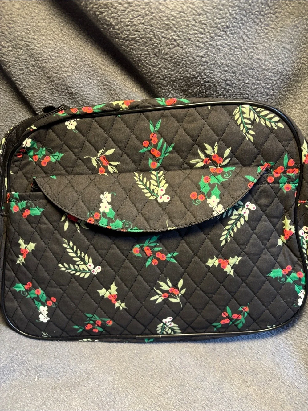 Three piece Black Quilted Cosmetic bag and pouched with Red & Green Berry Print